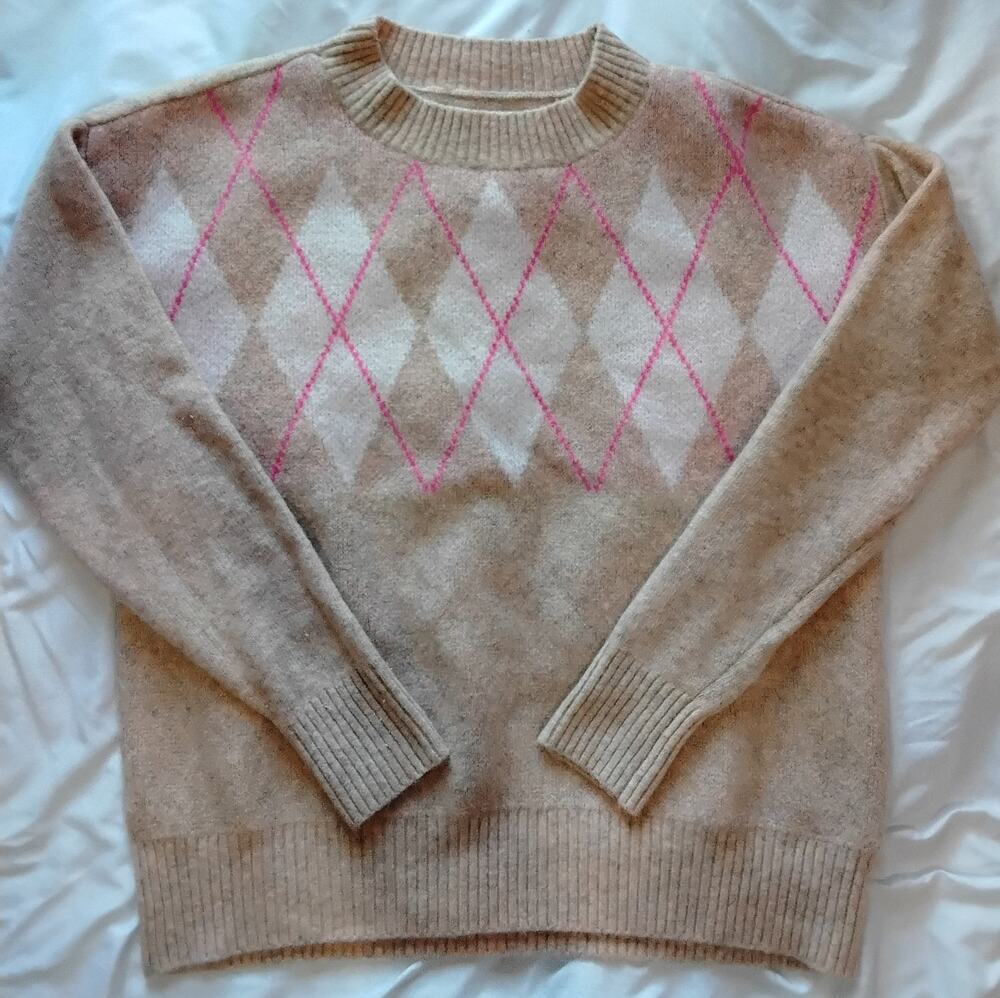 LOFT Women's Medium Argyle Sweater Oatmeal Pink Preppy Crewneck